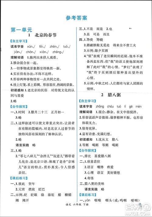 人民教育出版社2024年春人教金学典同步解析与测评六年级语文下册人教版云南专版参考答案