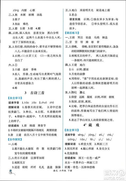 人民教育出版社2024年春人教金学典同步解析与测评六年级语文下册人教版云南专版参考答案