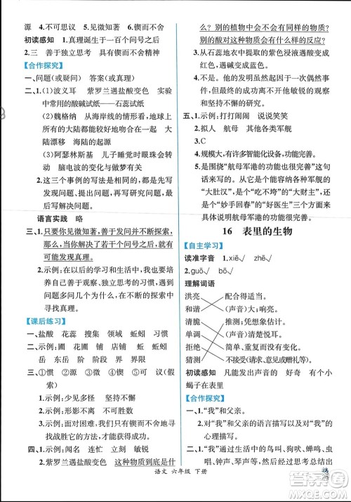 人民教育出版社2024年春人教金学典同步解析与测评六年级语文下册人教版云南专版参考答案 人民教育出版社2024年春人教金学典同步解析与测评六年级语文下册人教版云南专版参考答案