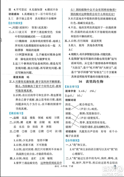 人民教育出版社2024年春人教金学典同步解析与测评六年级语文下册人教版云南专版参考答案