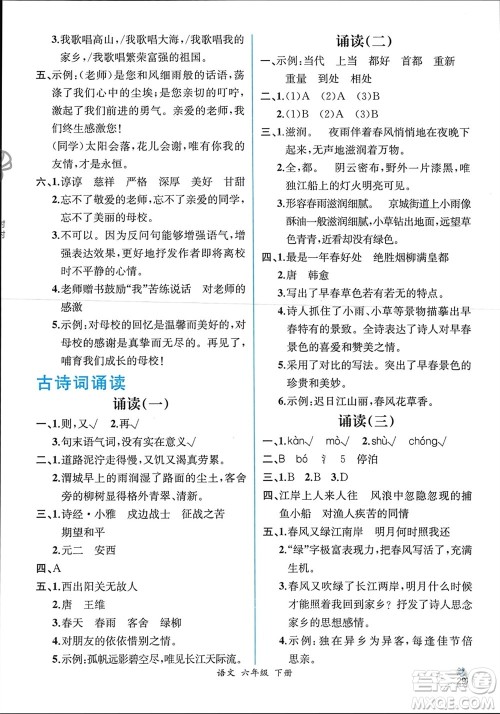 人民教育出版社2024年春人教金学典同步解析与测评六年级语文下册人教版云南专版参考答案