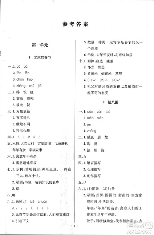 人民教育出版社2024年春人教金学典同步解析与测评学考练六年级语文下册人教版江苏专版参考答案