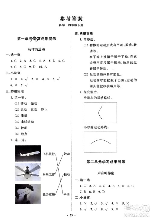 山东教育出版社2024年春小学同步练习册分层指导四年级科学下册通用版参考答案