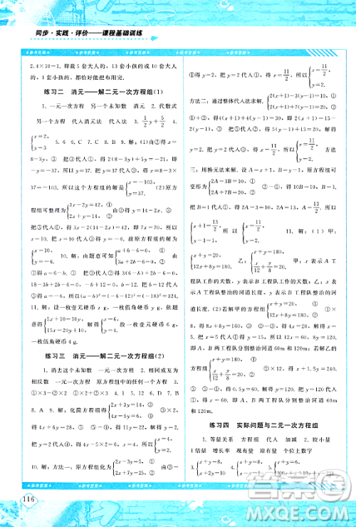 湖南少年儿童出版社2024年春同步实践评价课程基础训练七年级数学下册人教版答案