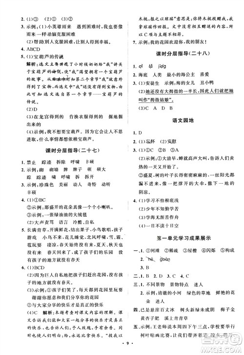 山东教育出版社2024年春小学同步练习册分层指导四年级语文下册通用版参考答案