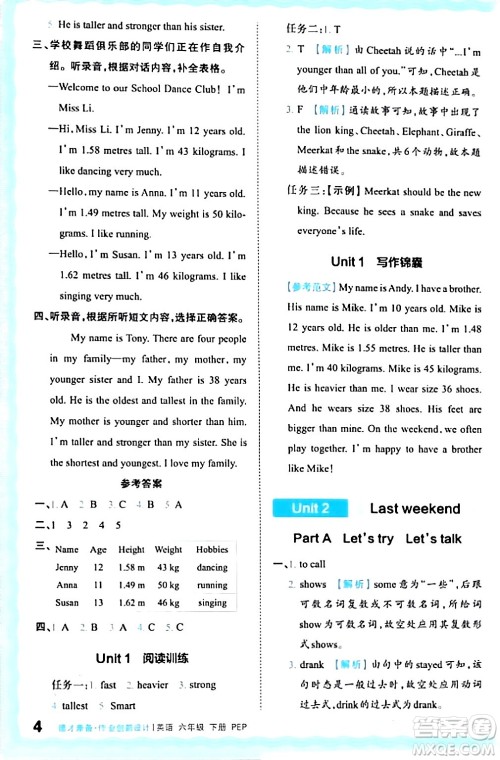 江西人民出版社2024年春王朝霞德才兼备作业创新设计六年级英语下册人教PEP版答案