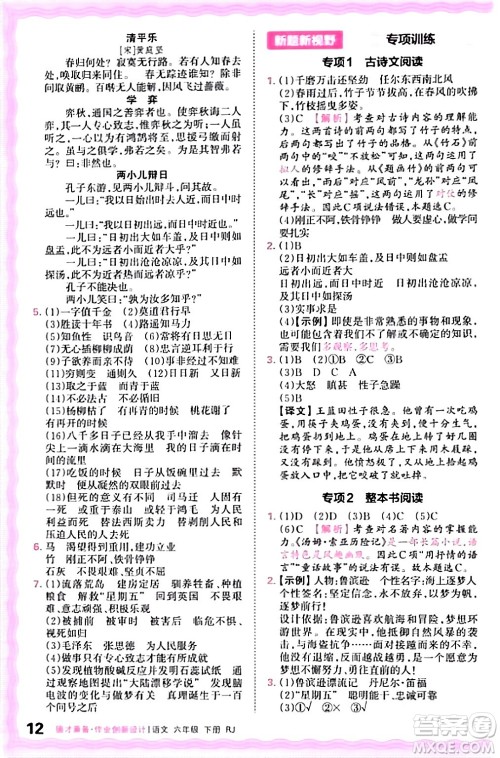 江西人民出版社2024年春王朝霞德才兼备作业创新设计六年级语文下册人教版答案