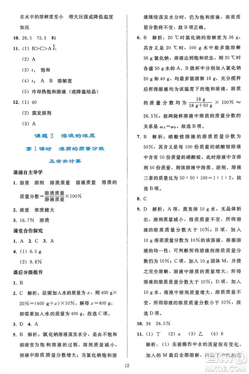 人民教育出版社2024年春同步轻松练习九年级化学下册人教版参考答案