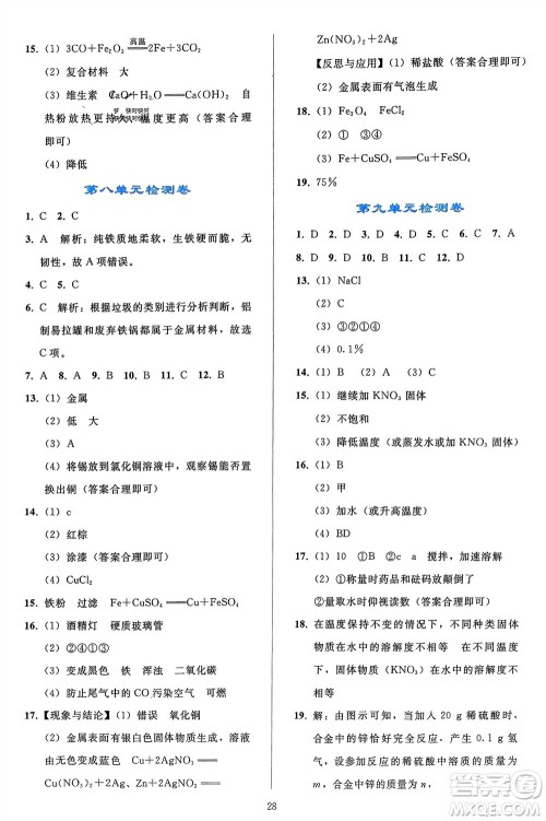 人民教育出版社2024年春同步轻松练习九年级化学下册人教版参考答案