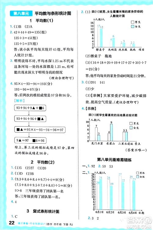 江西人民出版社2024年春王朝霞德才兼备作业创新设计四年级数学下册人教版答案