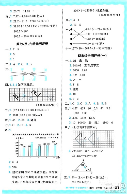 江西人民出版社2024年春王朝霞德才兼备作业创新设计四年级数学下册人教版答案