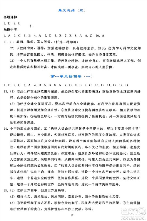 人民教育出版社2024年春同步轻松练习九年级道德与法治下册人教版辽宁专版参考答案