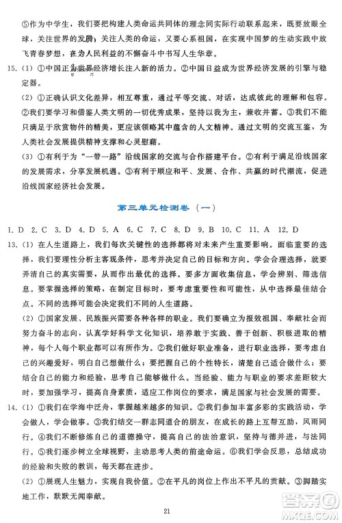 人民教育出版社2024年春同步轻松练习九年级道德与法治下册人教版辽宁专版参考答案
