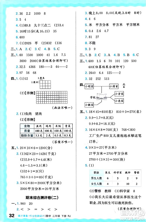 江西人民出版社2024年春王朝霞德才兼备作业创新设计三年级数学下册人教版答案