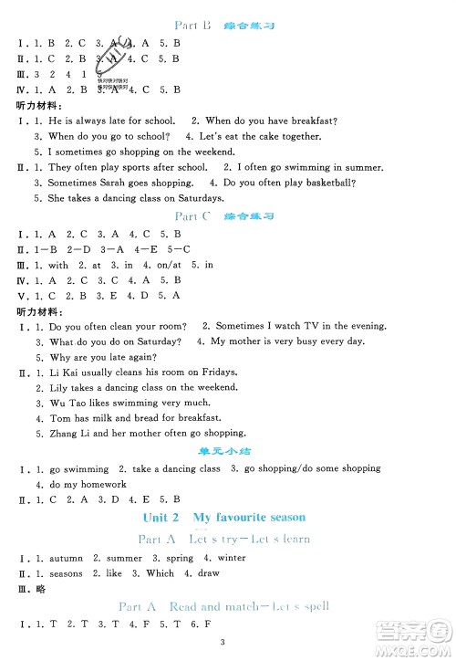 人民教育出版社2024年春同步轻松练习五年级英语下册人教版参考答案 人民教育出版社2024年春同步轻松练习五年级英语下册人教版参考答案