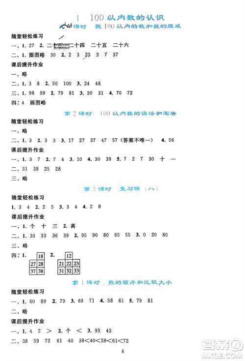 人民教育出版社2024年春同步轻松练习一年级数学下册人教版参考答案