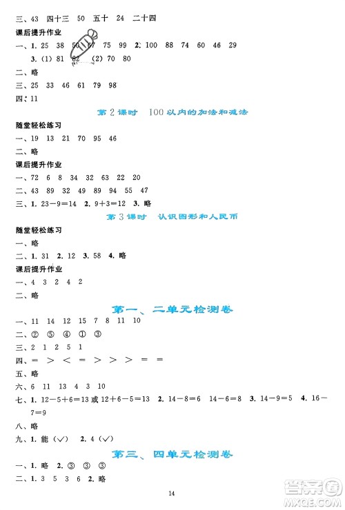 人民教育出版社2024年春同步轻松练习一年级数学下册人教版参考答案