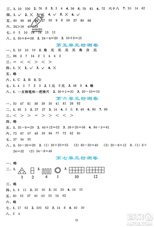 人民教育出版社2024年春同步轻松练习一年级数学下册人教版参考答案