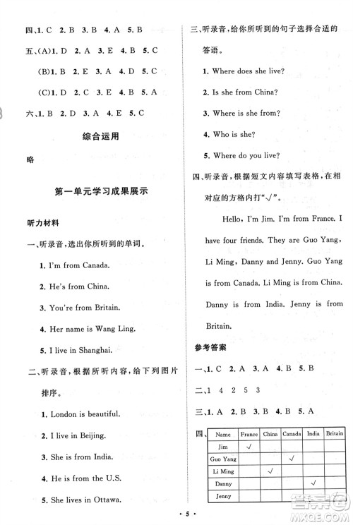 山东教育出版社2024年春小学同步练习册分层指导四年级英语下册五四制鲁科版参考答案
