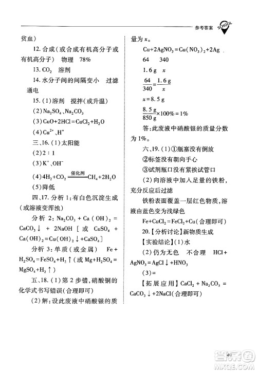 山西教育出版社2024年春新课程问题解决导学方案九年级化学下册人教版答案