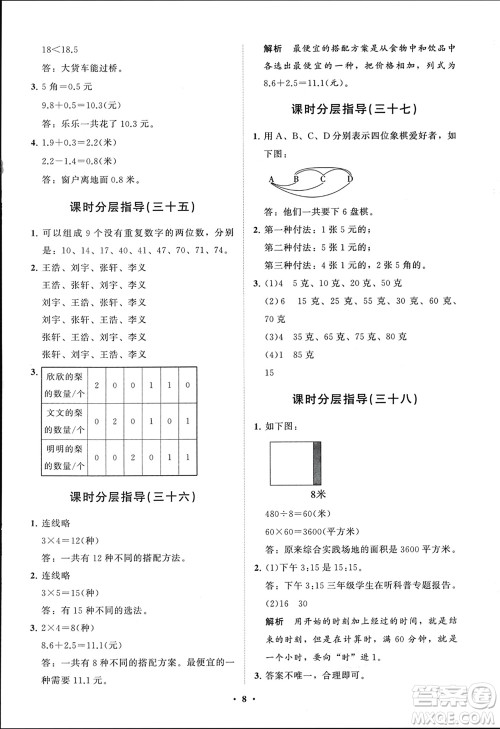 山东教育出版社2024年春小学同步练习册分层指导三年级数学下册人教版参考答案