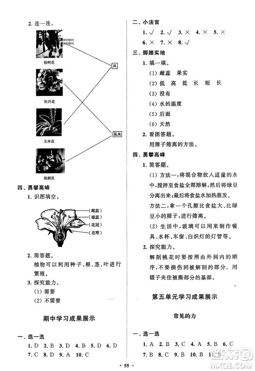 山东教育出版社2024年春小学同步练习册分层指导三年级科学下册通用版参考答案