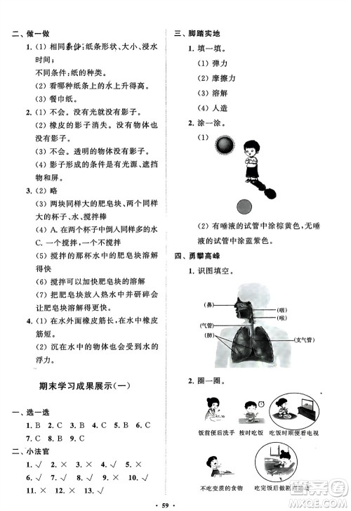 山东教育出版社2024年春小学同步练习册分层指导三年级科学下册通用版参考答案