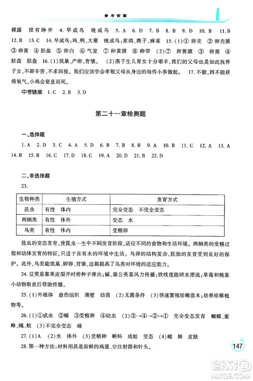 河南大学出版社2024年春学习检测八年级生物下册苏教版答案