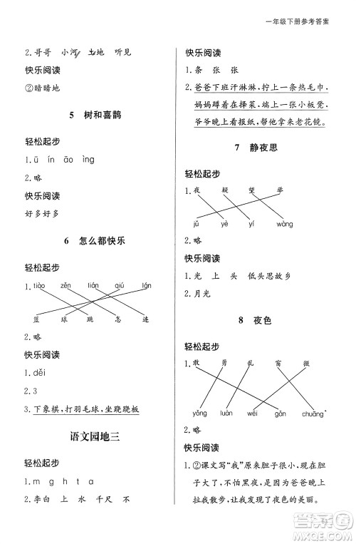 山东人民出版社2024年春小学同步练习册一年级语文下册六三制人教版参考答案