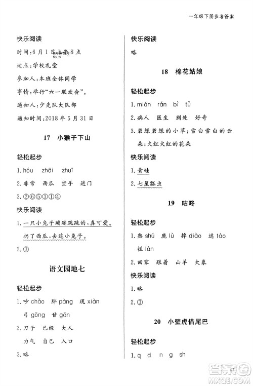 山东人民出版社2024年春小学同步练习册一年级语文下册六三制人教版参考答案 山东人民出版社2024年春小学同步练习册一年级语文下册六三制人教版参考答案