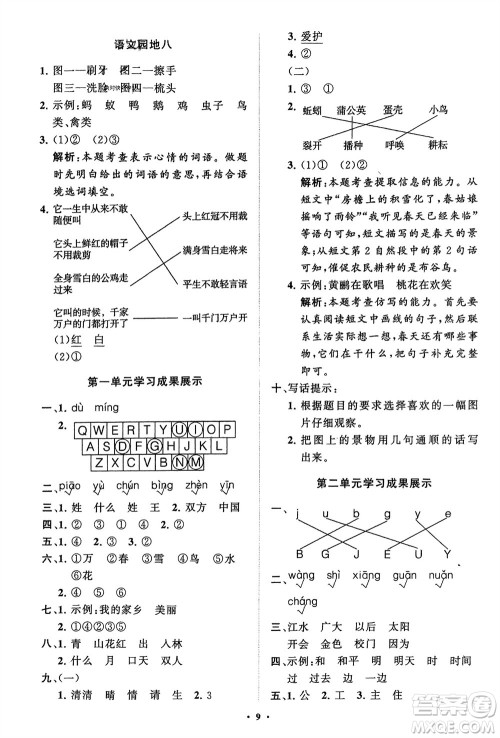 山东教育出版社2024年春小学同步练习册分层指导一年级语文下册通用版参考答案 山东教育出版社2024年春小学同步练习册分层指导一年级语文下册通用版参考答案
