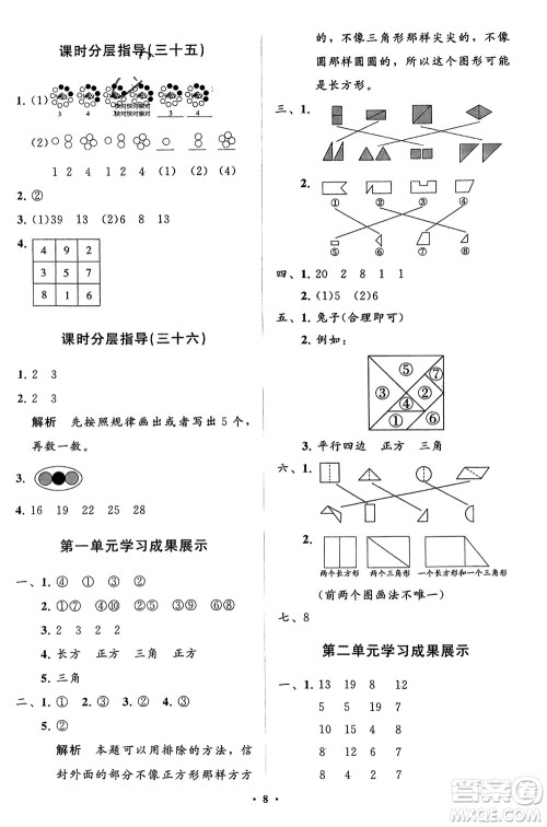 山东教育出版社2024年春小学同步练习册分层指导一年级数学下册人教版参考答案