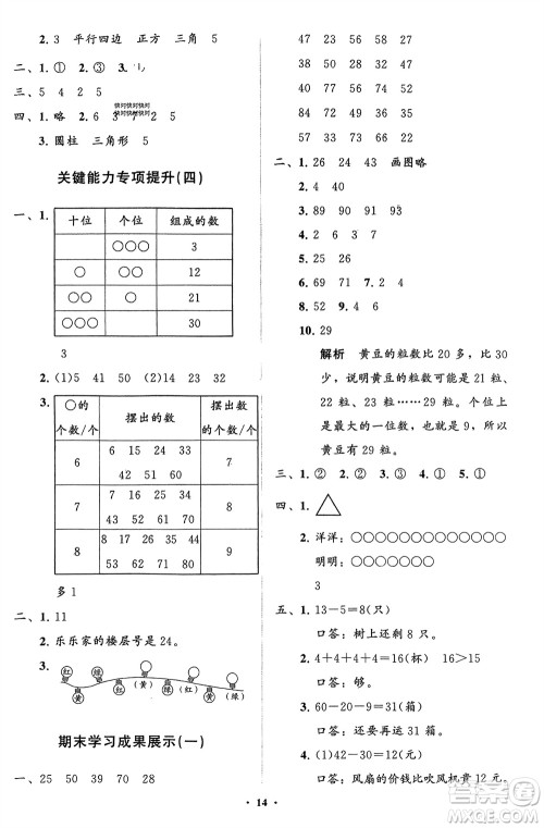 山东教育出版社2024年春小学同步练习册分层指导一年级数学下册人教版参考答案