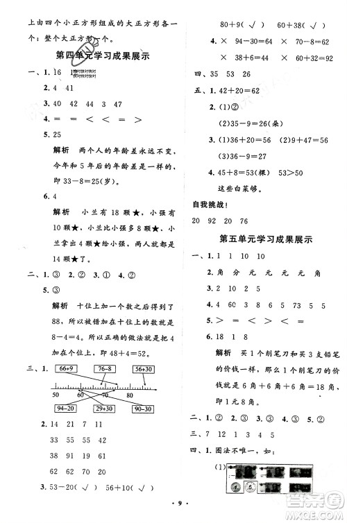 山东教育出版社2024年春小学同步练习册分层指导一年级数学下册五四制通用版参考答案