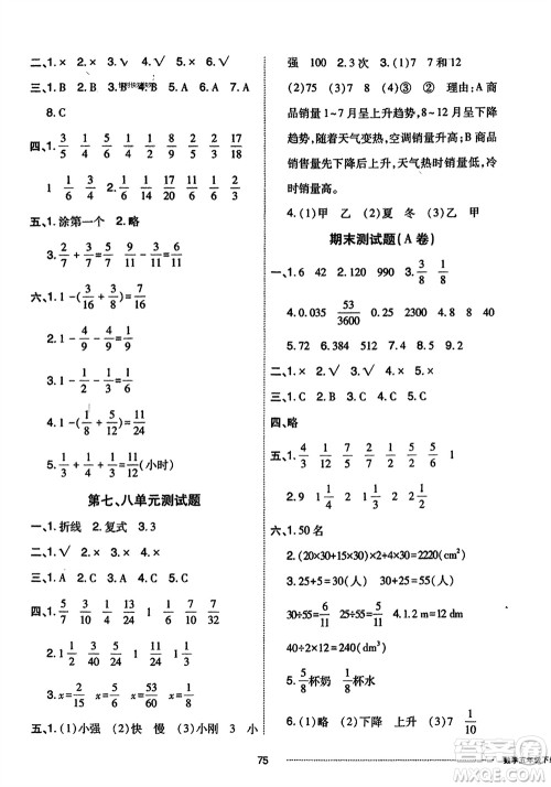 山东科学技术出版社2024年春同步练习册配套单元自测卷五年级数学下册通用版参考答案