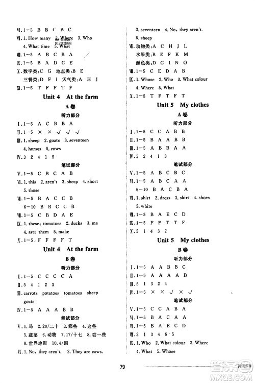 山东科学技术出版社2024年春同步练习册配套单元自测卷四年级英语下册通用版参考答案