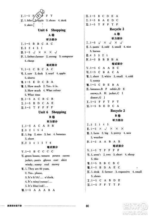 山东科学技术出版社2024年春同步练习册配套单元自测卷四年级英语下册通用版参考答案