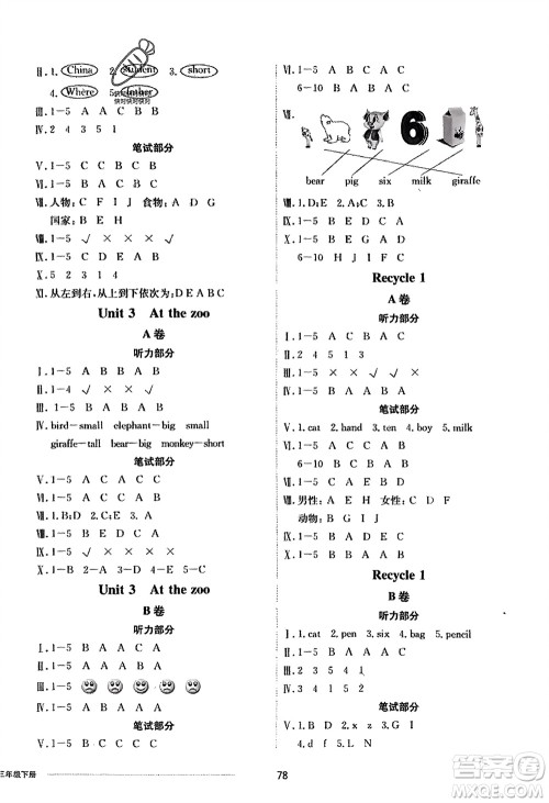 山东科学技术出版社2024年春同步练习册配套单元自测卷三年级英语下册通用版参考答案