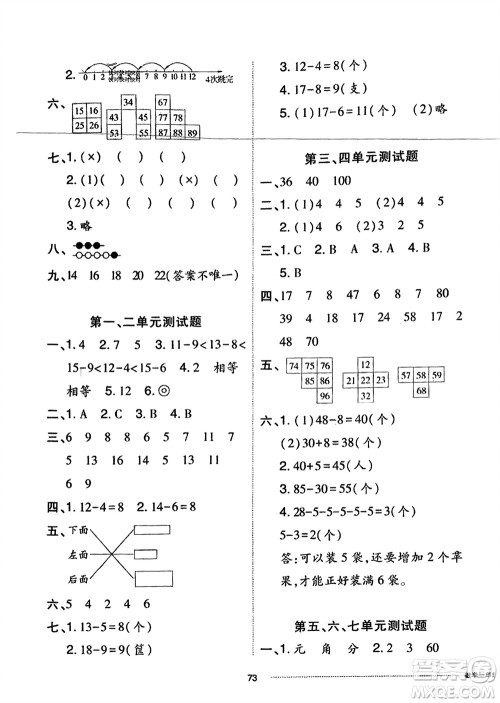 山东科学技术出版社2024年春同步练习册配套单元自测卷一年级数学下册通用版参考答案