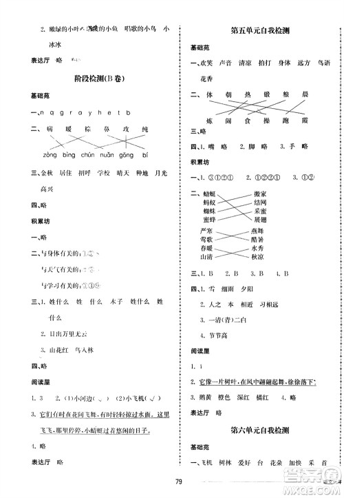 山东科学技术出版社2024年春同步练习册配套单元自测卷一年级语文下册通用版参考答案