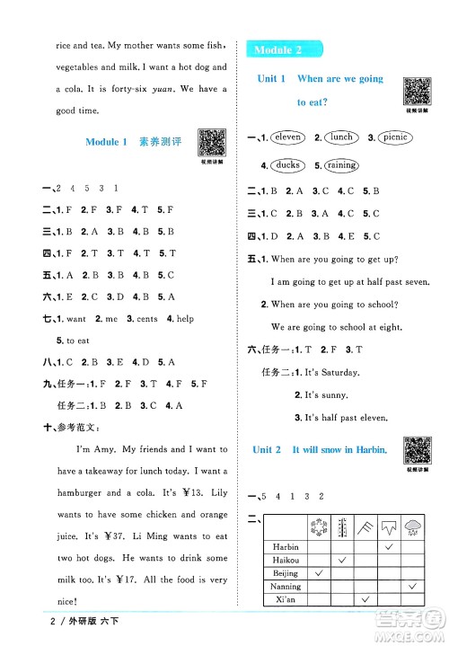 江西教育出版社2024年春阳光同学课时优化作业六年级英语下册外研版三起点答案