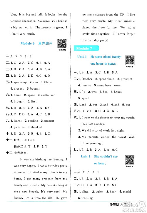 江西教育出版社2024年春阳光同学课时优化作业六年级英语下册外研版三起点答案