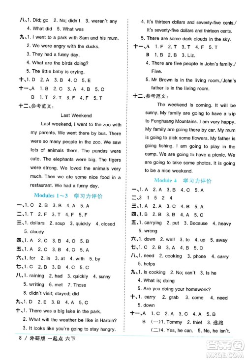江西教育出版社2024年春阳光同学课时优化作业六年级英语下册外研版一起点答案