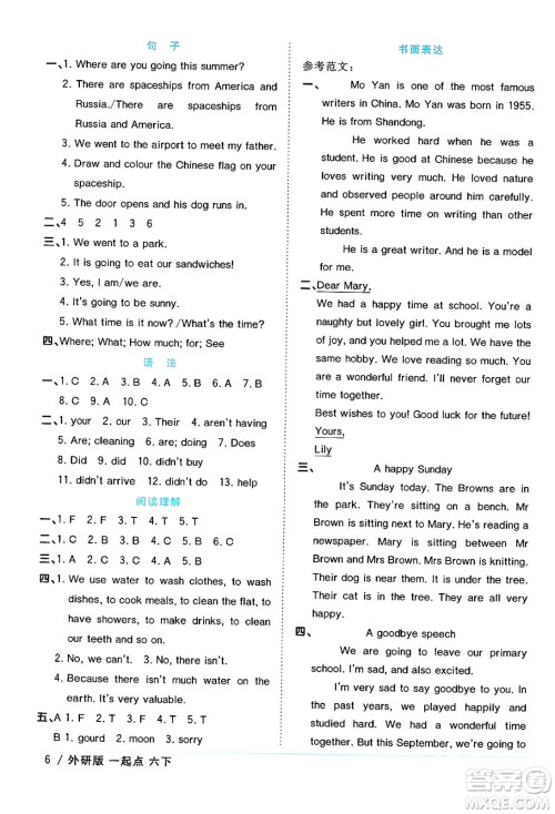 江西教育出版社2024年春阳光同学课时优化作业六年级英语下册外研版一起点答案