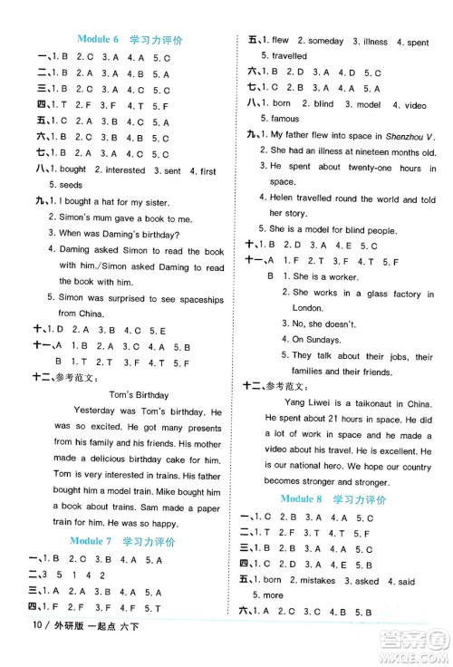 江西教育出版社2024年春阳光同学课时优化作业六年级英语下册外研版一起点答案