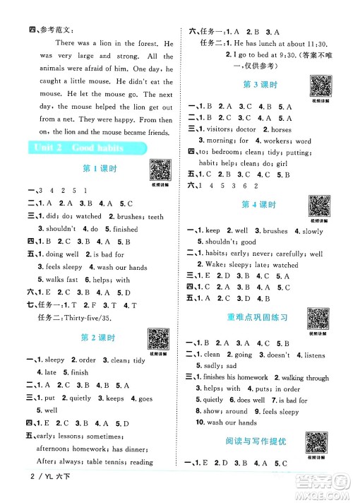 江西教育出版社2024年春阳光同学课时优化作业六年级英语下册译林版江苏专版答案