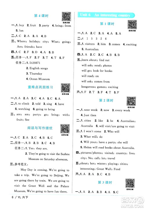 江西教育出版社2024年春阳光同学课时优化作业六年级英语下册译林版江苏专版答案