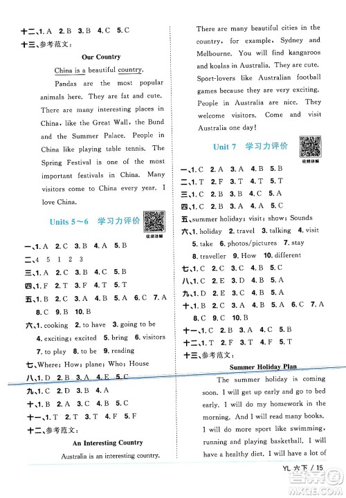 江西教育出版社2024年春阳光同学课时优化作业六年级英语下册译林版江苏专版答案