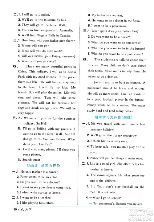 江西教育出版社2024年春阳光同学课时优化作业六年级英语下册译林版江苏专版答案