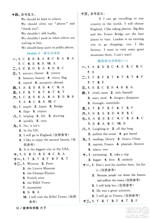 江西教育出版社2024年春阳光同学课时优化作业六年级英语下册教科版广州专版答案